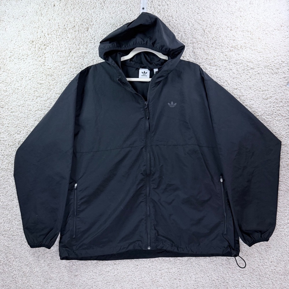 Mens XL Adidas Windbreaker Jacket Black Full Zip Hooded Trefoil Lightweight Coat